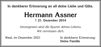 Traueranzeige von Hermann Assner von Allgäuer Zeitung, Kaufbeuren/Buchloe