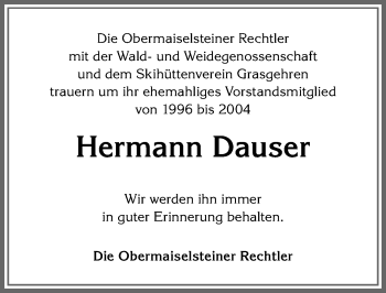 Traueranzeige von Hermann Dauser von Allgäuer Anzeigeblatt
