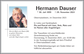 Traueranzeige von Hermann Dauser von Allgäuer Anzeigeblatt