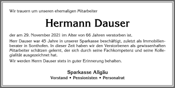 Traueranzeige von Hermann Dauser von Allgäuer Anzeigeblatt