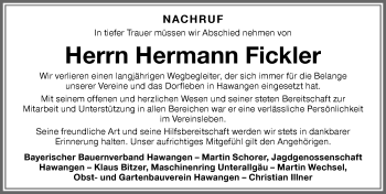 Traueranzeige von Hermann Fickler von Memminger Zeitung