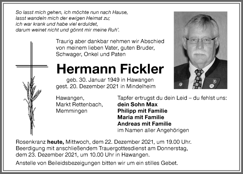  Traueranzeige für Hermann Fickler vom 22.12.2021 aus Memminger Zeitung