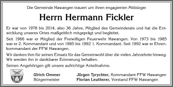 Traueranzeige von Hermann Fickler von Memminger Zeitung