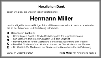 Traueranzeige von Hermann Miller von Memminger Zeitung
