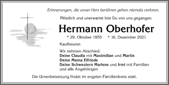Traueranzeige von Hermann Oberhofer von Allgäuer Zeitung, Kaufbeuren/Buchloe