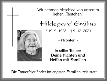 Traueranzeige von Hildegard Emilius von Allgäuer Zeitung, Füssen