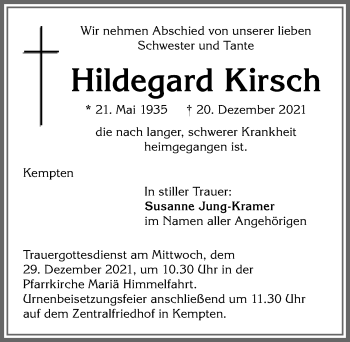 Traueranzeige von Hildegard Kirsch von Allgäuer Zeitung,Kempten