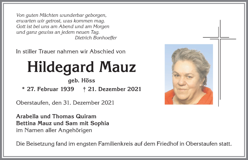  Traueranzeige für Hildegard Mauz vom 31.12.2021 aus Allgäuer Anzeigeblatt