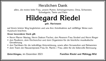 Traueranzeige von Hildegard Riedel von Allgäuer Zeitung, Marktoberdorf