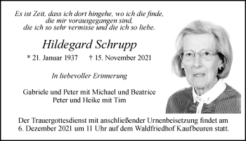 Traueranzeige von Hildegard Schrupp von Allgäuer Zeitung, Kaufbeuren/Buchloe
