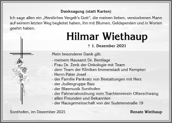 Traueranzeige von Hilmar Wiethaup von Allgäuer Anzeigeblatt
