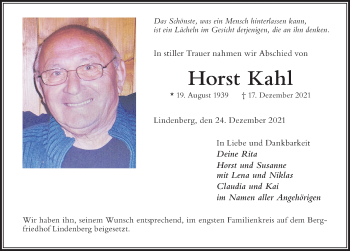 Traueranzeige von Horst Kahl von Der Westallgäuer