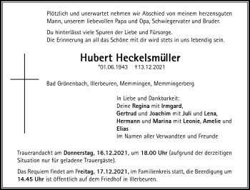 Traueranzeige von Hubert Heckelsmüller von Memminger Zeitung