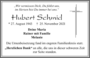 Traueranzeige von Hubert Schmid von Allgäuer Zeitung, Kaufbeuren/Buchloe