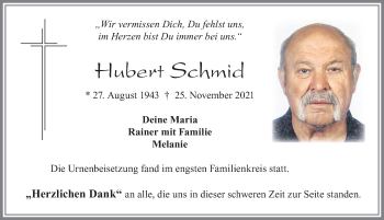 Traueranzeige von Hubert Schmid von Allgäuer Zeitung, Marktoberdorf