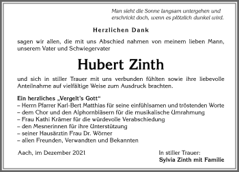 Traueranzeige von Hubert Zinth von Allgäuer Anzeigeblatt