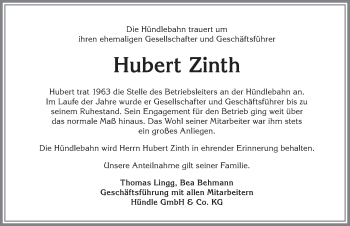 Traueranzeige von Hubert Zinth von Allgäuer Anzeigeblatt