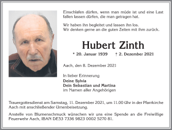 Traueranzeige von Hubert Zinth von Allgäuer Anzeigeblatt
