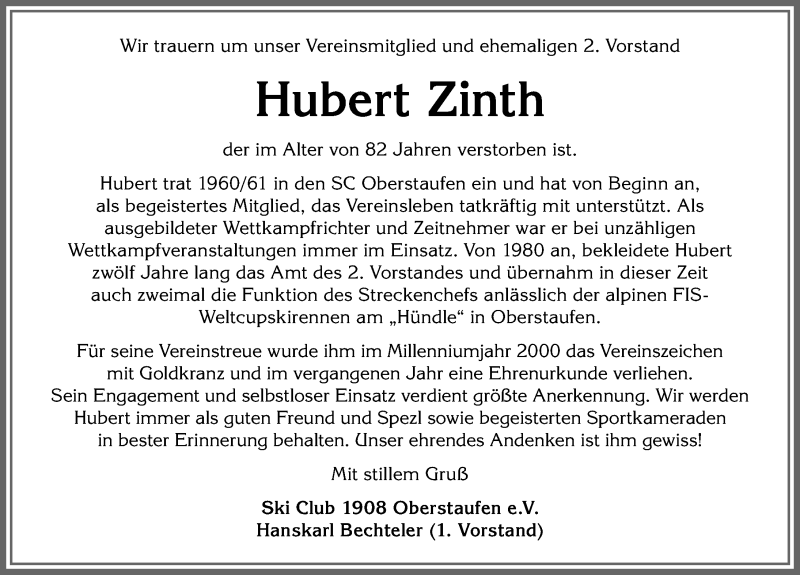  Traueranzeige für Hubert Zinth vom 08.12.2021 aus Allgäuer Anzeigeblatt