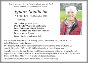 Traueranzeige von Ignatz Sontheim von Allgäuer Zeitung, Marktoberdorf