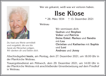 Traueranzeige von Ilse Klose von Allgäuer Zeitung,Kempten