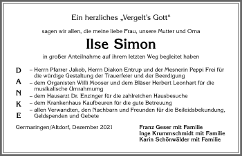 Traueranzeige von Ilse Simon von Allgäuer Zeitung, Marktoberdorf