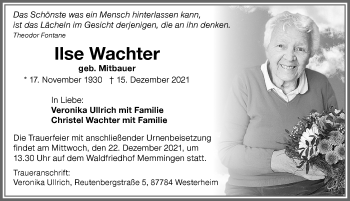 Traueranzeige von Ilse Wachter von Memminger Zeitung