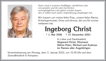 Traueranzeige von Ingeborg Christ von Allgäuer Zeitung,Kempten