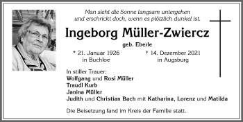 Traueranzeige von Ingeborg Müller-Zwiercz von Allgäuer Zeitung, Kaufbeuren/Buchloe