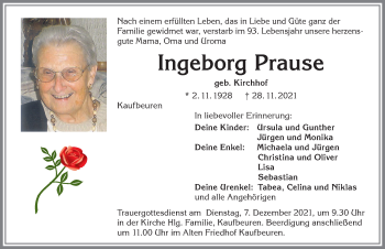Traueranzeige von Ingeborg Prause von Allgäuer Zeitung, Kaufbeuren/Buchloe
