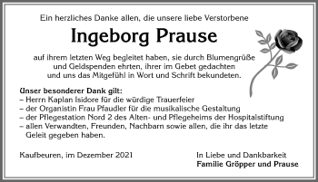 Traueranzeige von Ingeborg Prause von Allgäuer Zeitung, Kaufbeuren/Buchloe