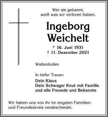 Traueranzeige von Ingeborg Weichelt von Allgäuer Zeitung,Kempten