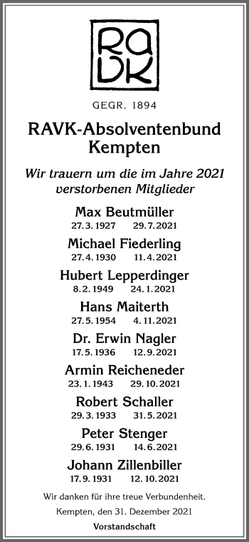 Traueranzeige von In Gedenken Mitglieder  RAVK-Absolventenbund von Allgäuer Zeitung,Kempten