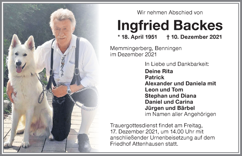  Traueranzeige für Ingfried Backes vom 15.12.2021 aus Memminger Zeitung
