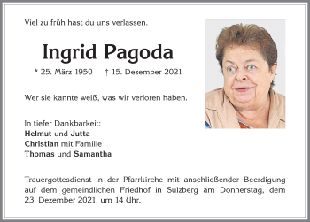 Traueranzeige von Ingrid Pagoda von Allgäuer Zeitung,Kempten
