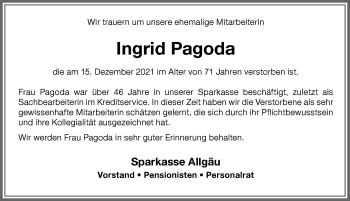 Traueranzeige von Ingrid Pagoda von Allgäuer Zeitung,Kempten