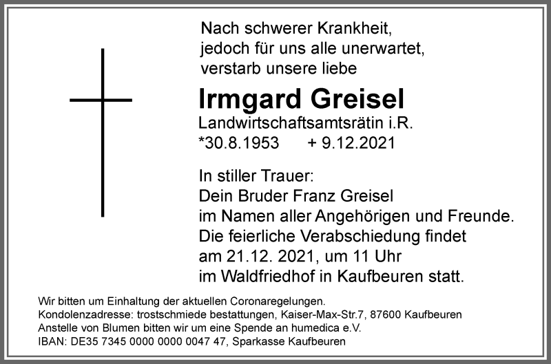  Traueranzeige für Irmgard Greisel vom 18.12.2021 aus Allgäuer Zeitung, Marktoberdorf