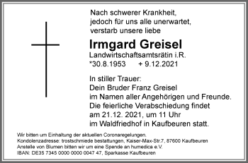 Traueranzeige von Irmgard Greisel von Allgäuer Zeitung, Marktoberdorf