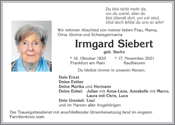 Traueranzeige von Irmgard Siebert von Allgäuer Zeitung, Kaufbeuren/Buchloe