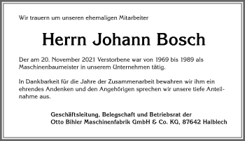 Traueranzeige von Johann Bosch von Allgäuer Zeitung, Füssen