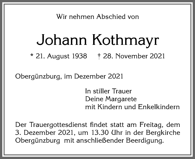  Traueranzeige für Johann Kothmayr vom 01.12.2021 aus Allgäuer Zeitung, Marktoberdorf