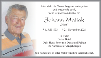 Traueranzeige von Johann Matiak von Allgäuer Zeitung, Füssen