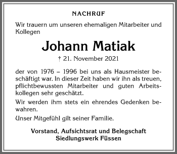 Traueranzeige von Johann Matiak von Allgäuer Zeitung, Füssen