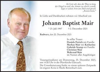 Traueranzeige von Johann Baptist Mair von Allgäuer Zeitung, Marktoberdorf