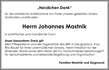 Traueranzeige von Johannes Mastnik von Allgäuer Zeitung, Kaufbeuren/Buchloe