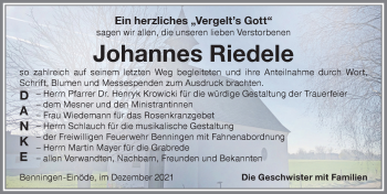Traueranzeige von Johannes Riedele von Memminger Zeitung