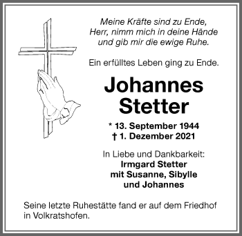 Traueranzeige von Johannes Stetter von Memminger Zeitung