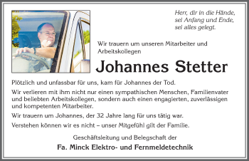Traueranzeige von Johannes Stetter von Allgäuer Zeitung, Marktoberdorf