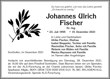 Traueranzeige von Johannes Ulrich Fischer von Allgäuer Anzeigeblatt