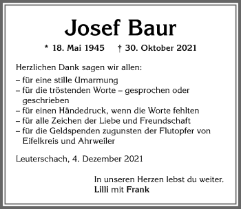 Traueranzeige von Josef Baur von Allgäuer Zeitung, Marktoberdorf